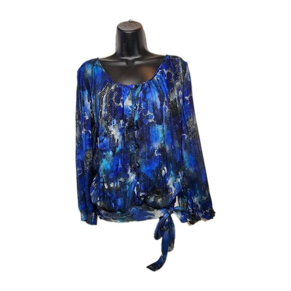 Women's Roz and Ali 18-20 Long Sleeve Tie Waist Scoop Neck Ruffled Flowing Blue - Picture 11 of 16